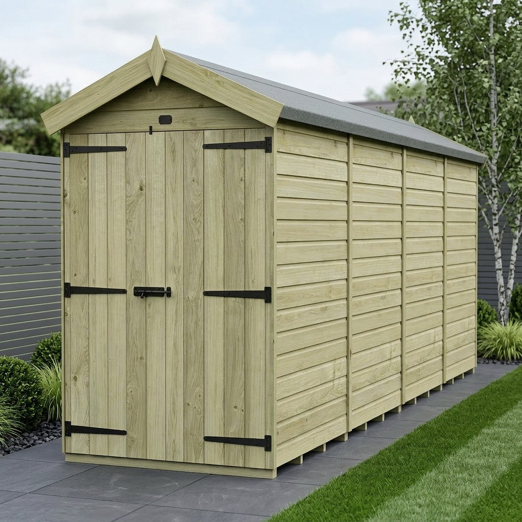 Total Sheds 4ft x 15ft Apex Garden Shed - Double Door - No Windows - Pressure Treated Timber - UK Manufactured