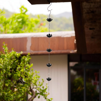 1 PCS Black Metal Lotus Rain Chain, 4.2FT Rustproof Rain Catcher Chain with  5 Lotus Cups for Eaves, Garden, Patio and Outdoo Decor