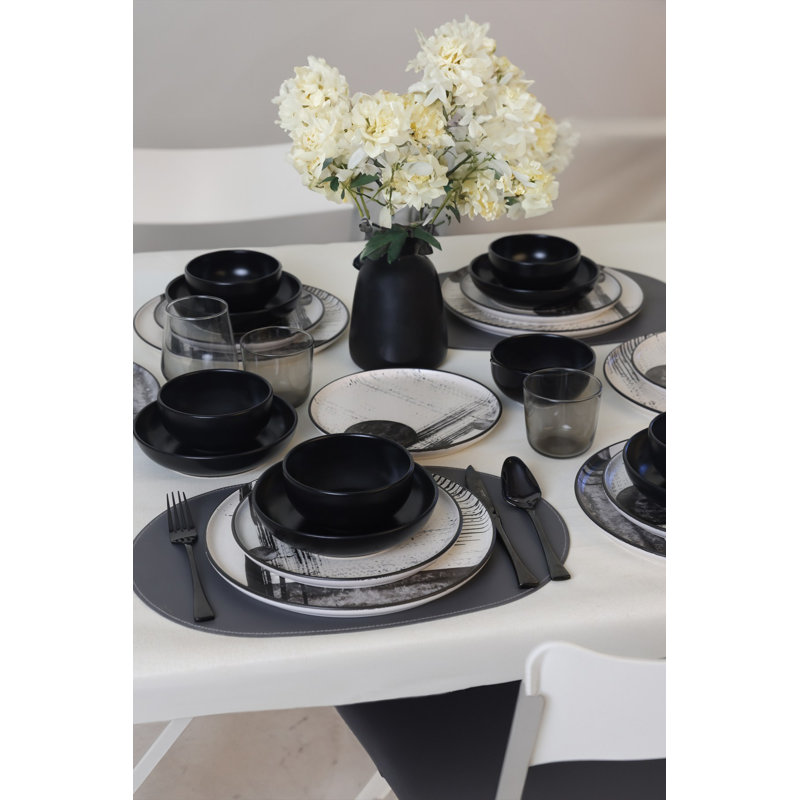 Service de table 24 pièces, grès céramique noir et blanc | Comprend 6 assiettes de service (11,0 po), 6 assiettes (7,1 po), 6 bols (4,7 po), 6 assiettes à dessert (8,7 po) | Antibactérien, facile à nettoyer, résistant aux chocs thermiques, va au lave-vaisselle et au micro-ondes