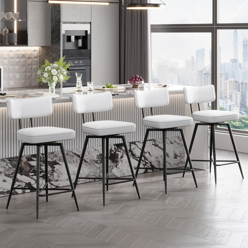 White Leather Swivel Counter Stools with Black Metal Frame, Set of 2