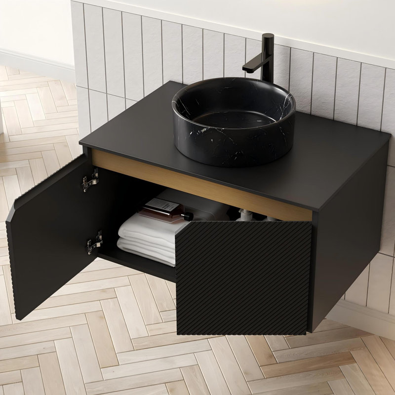 Meuble-lavabo mural 30 po avec portes doubles et vasque ronde en céramique noire, 30"