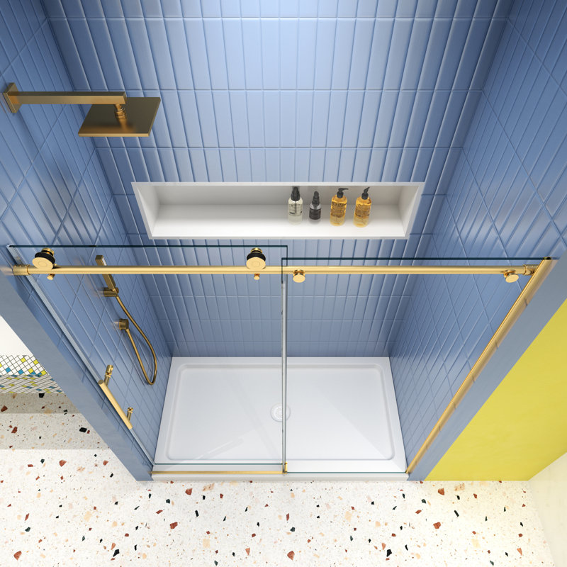 Porte de douche coulissante en or brossé - verre trempé 5/16 po, fuite, verre doré 56-60 po x74, aspect à fermeture en douceur