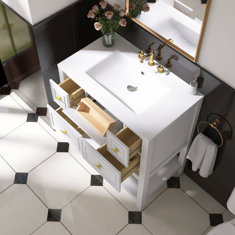 Meuble-lavabo sur pied simple avec 5 tiroirs, Blanc