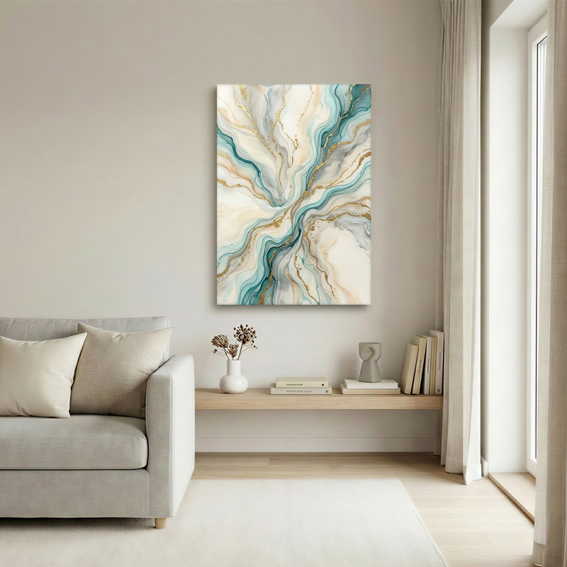 Art mural sur toile bleu sarcelle et or, 48"H x 32"W