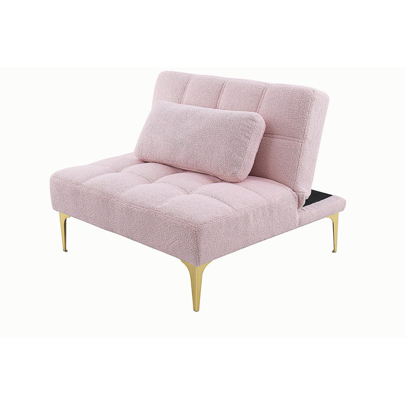 Convertible single sofa bed futon with gold metal legs teddy fabric (Pink)
