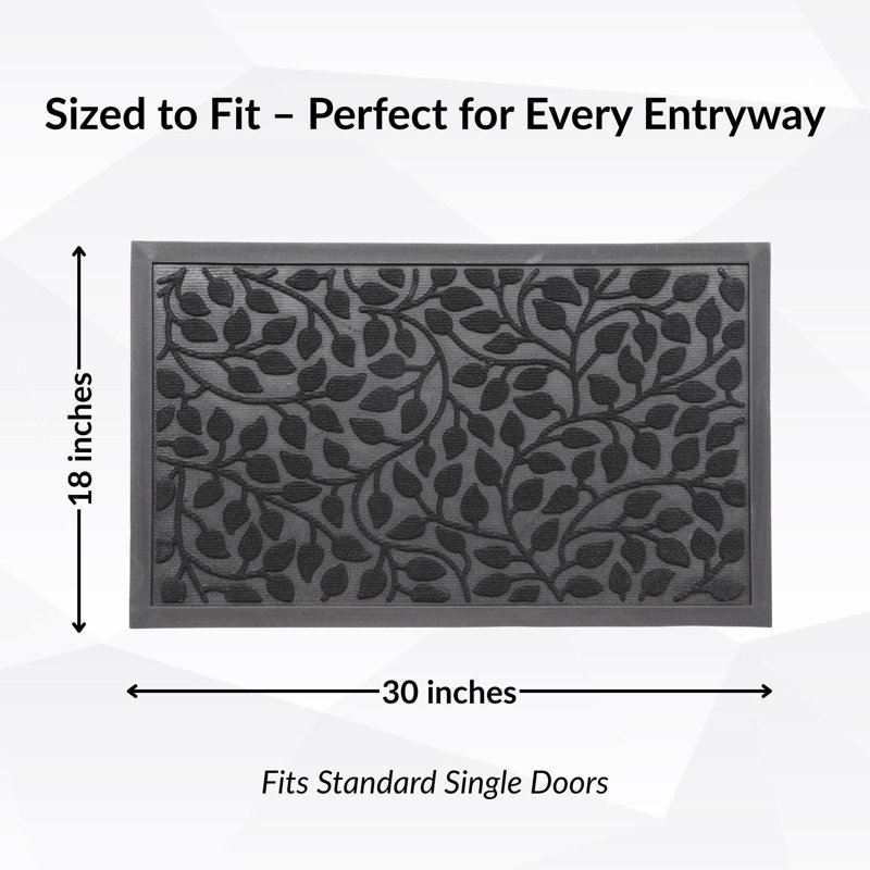 Heavy-Duty Dirt-Trapping Rubber Doormat with Raised Leaf Pattern, Black