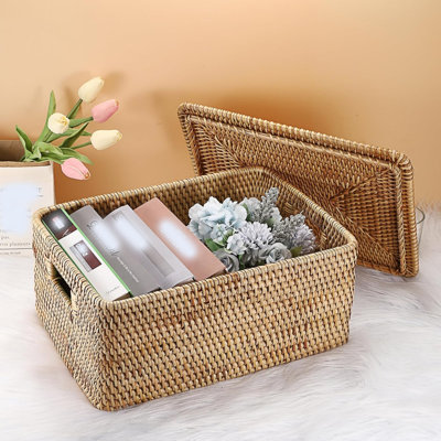 Rattan Storage Basket with Lid, Wicker Decorative Storage Basket for Kitchen, Living Room 19 x 39 x 29 cm