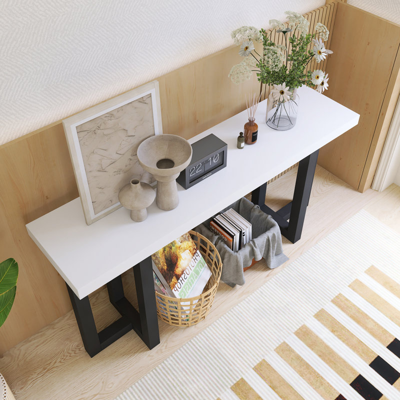 63.00'' Console Table With Solid Pine Legs, White/Black