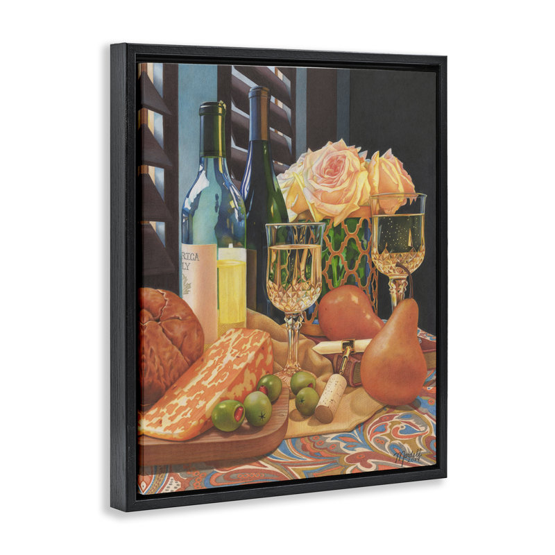 Art mural romantique sur toile avec cadre romantique "Wine & Cheese" par Mardell Schuster, Cadre flottant noir de jais