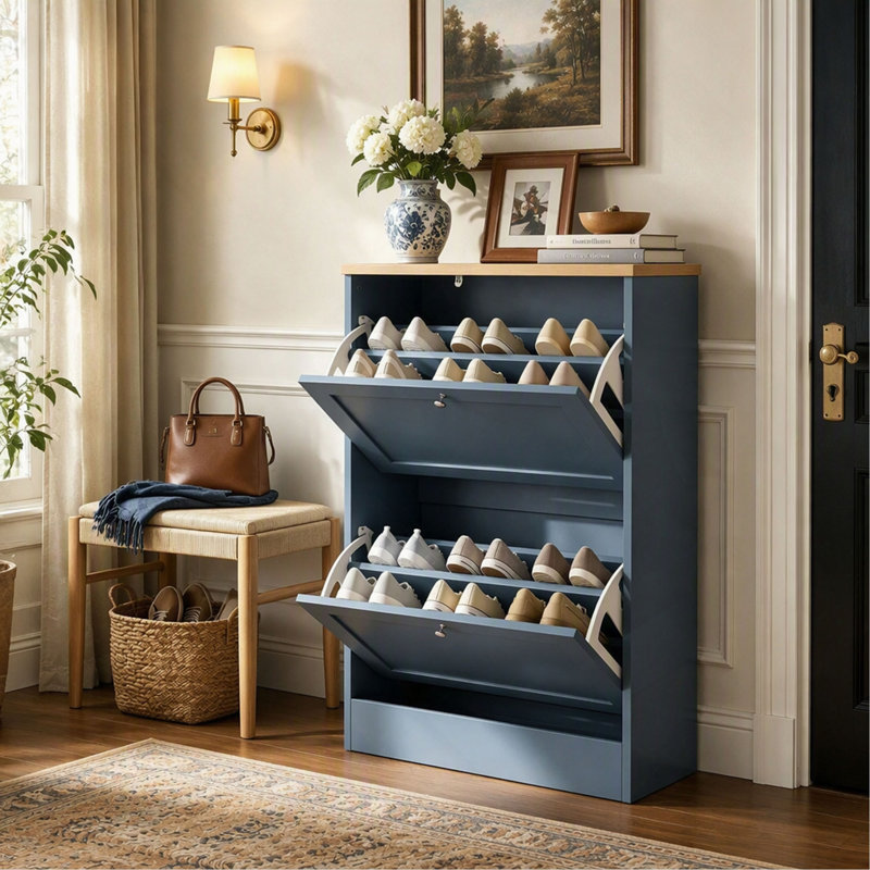Rangement à chaussures moderne et discret avec meuble d'entrée mince pour couloir et salon