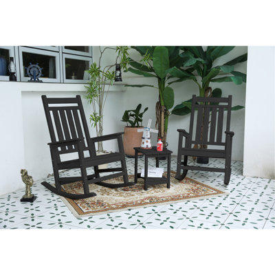 All Weather Rocking Chair Set with Side Table, 3-Piece Rocking Chair Set with Wood-Texture , Grey(includes 2 Rocking Chairs and 1 Table)