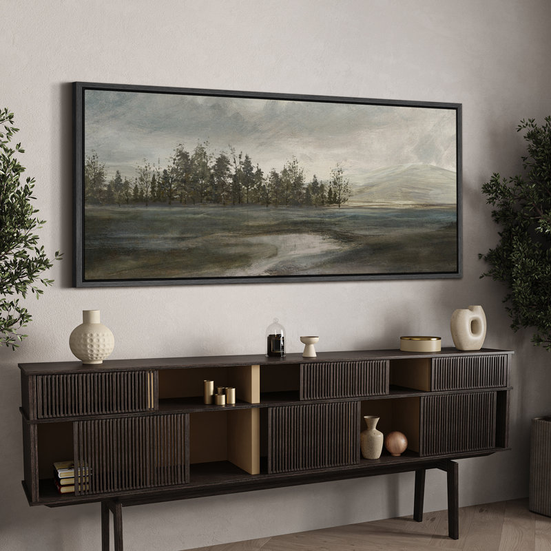 Lake River Landscape " Tranquil Dusk Minimalist Landscape Antique Retro Colorful Bedroom Extra Large Wall Decor ", Black
