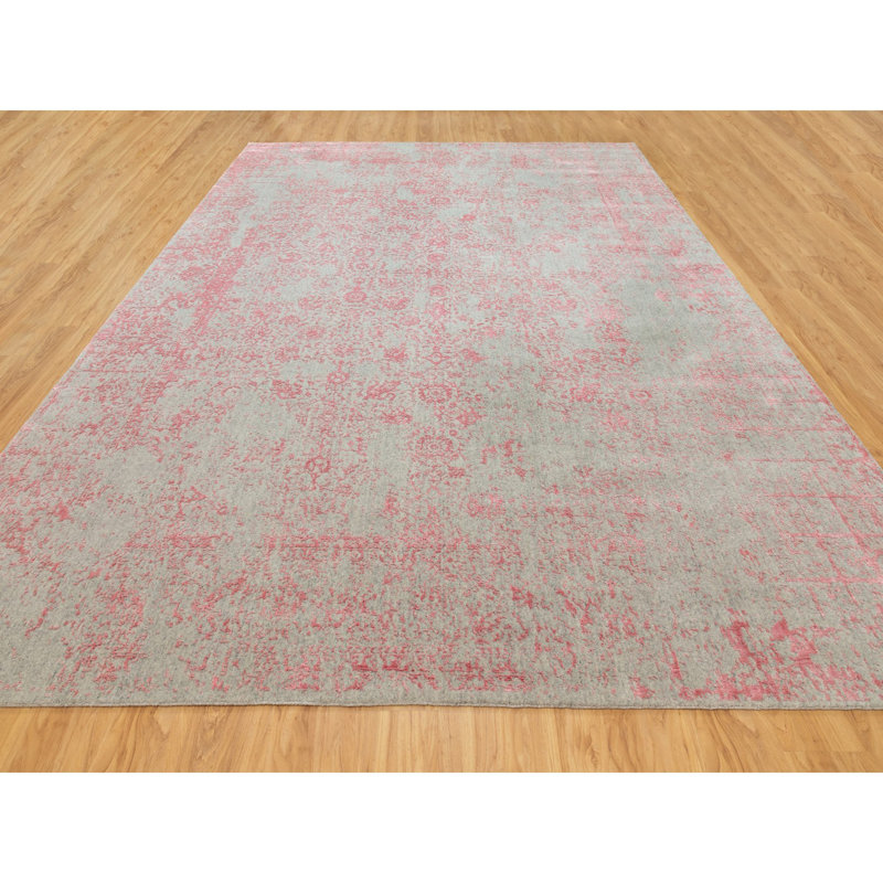 Tapis décoratif en gris/rose noué à la main de conception unique 10 pi x 14 pi 1 po