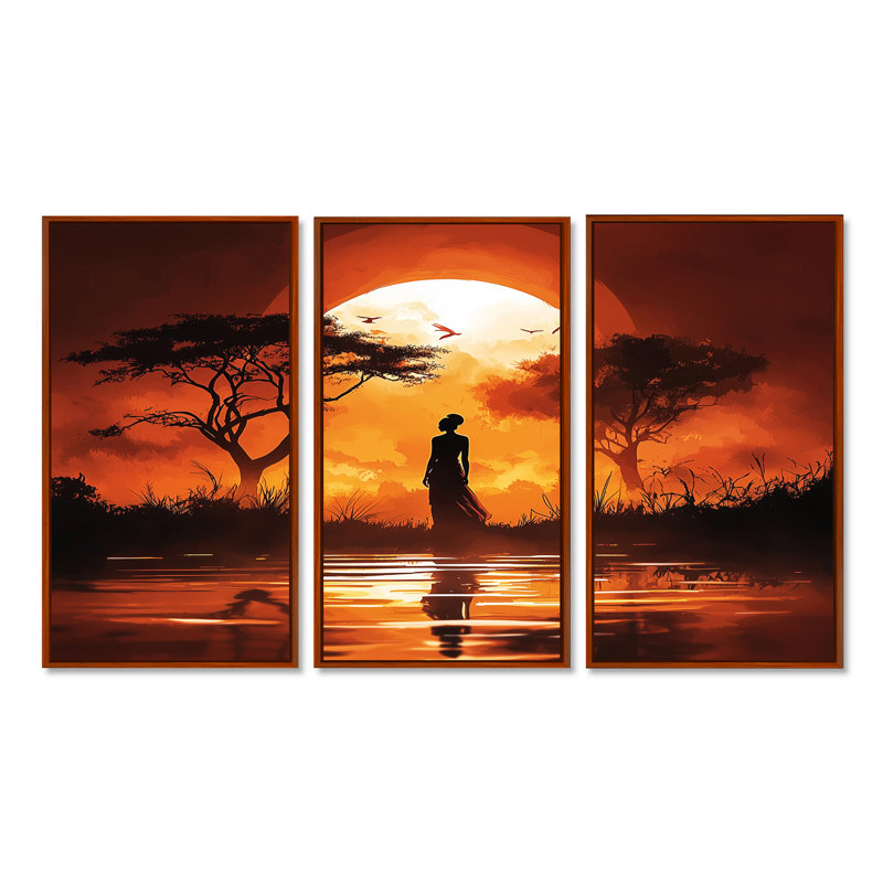 Ensemble de salon art africain orange, voyage africain dans le désert du Sahara, Toile avec cadre flottant brun