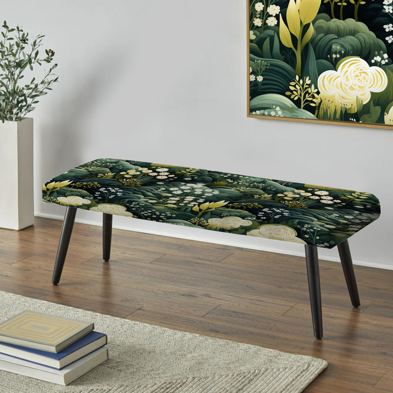 Green Forest Botanical Pattern - Botanical Upholstered Black Bench