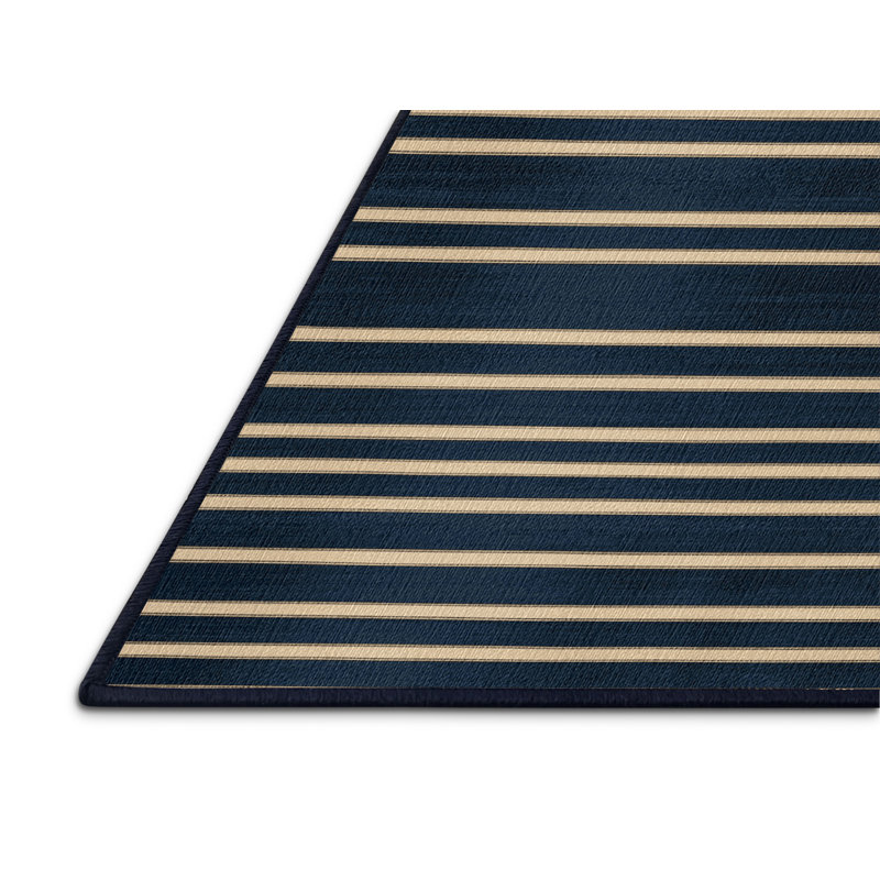 Washable Midnight Blue Cream Striped Area Rug, Square 5'