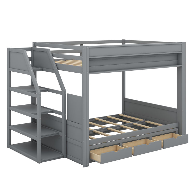 Lit superposé double avec structure transformable, marches de rangement, table de chevet et tiroirs triples