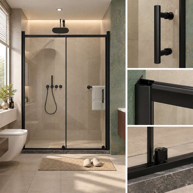Porte de douche coulissante simple, 122 cm (L) x 183 cm (H), verre trempé transparent de 5 mm, noir mat
