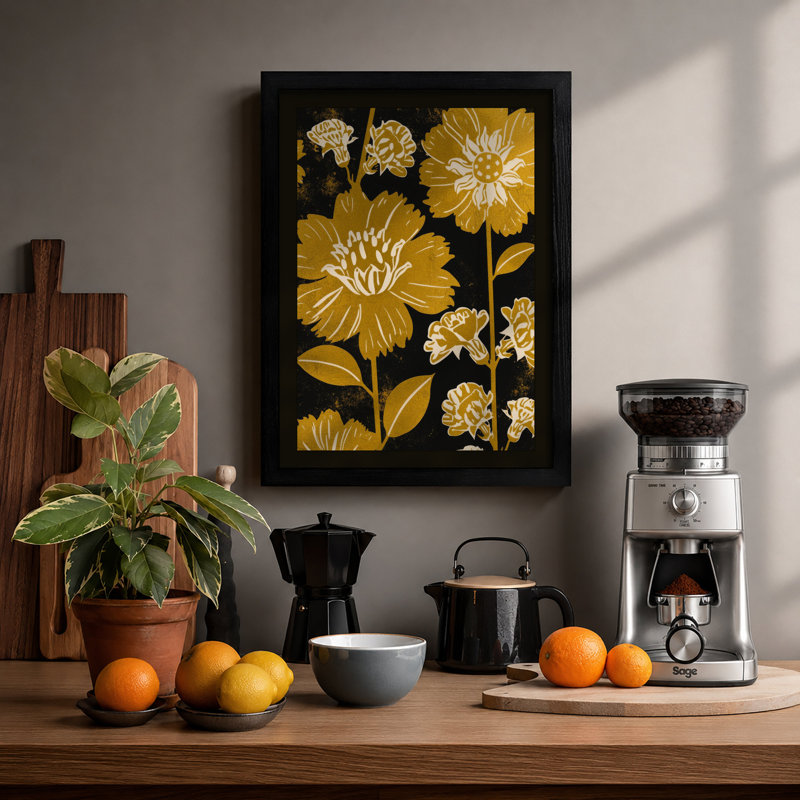 Golden Floral Pattern Botanical - Framed Print, A4 - 29.7 x 21.0 cm, Walnut