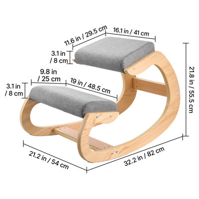 Fauteuil ergonomique à genoux, fauteuil de genou en posture en bois avec coussins en mousse épaisse et structure en bois massif, hauteur réglable, soulagement naturel des douleurs au cou ou au dos pour la maison, le bureau ou la méditation, gris