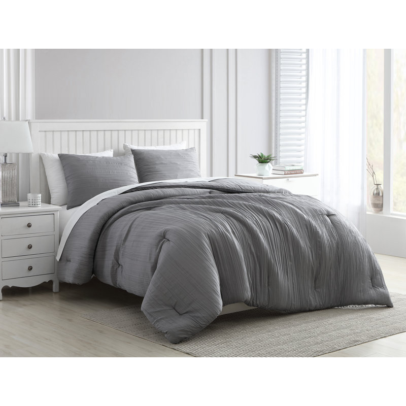  Greenport Crinkle Microfiber Comforter Set, King Comforter + 2 Standard Shams, Gray