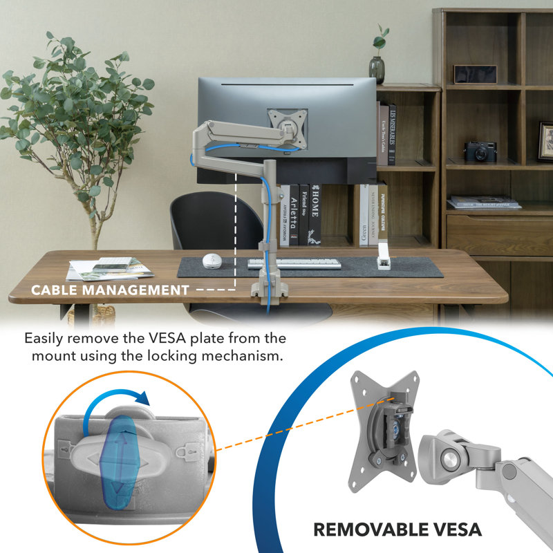 Silver Adjustable Gas Spring Single Monitor Desk Mount