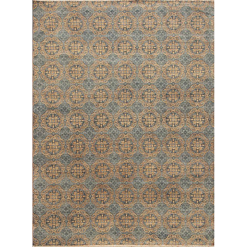 Queens Hand Knotted Wool Area Rug in Blue/Gold, Rectangle 8' x 10'
