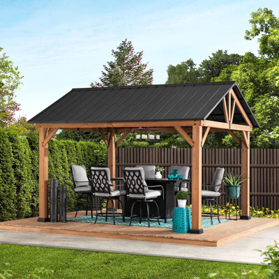 Sunjoy 4x3m Hardtop Cedar Wooden Gazebo Todi, Anthracite Cedar Frame, Double-Layer Beams, Powder-Coated Steel Roof, Ideal for Garden, Patio.