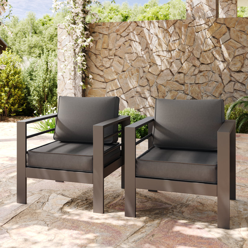 2-Piece Patio Aluminum Chair With Cushion (Set Of 2), Charcoal Gray, Dark Gray