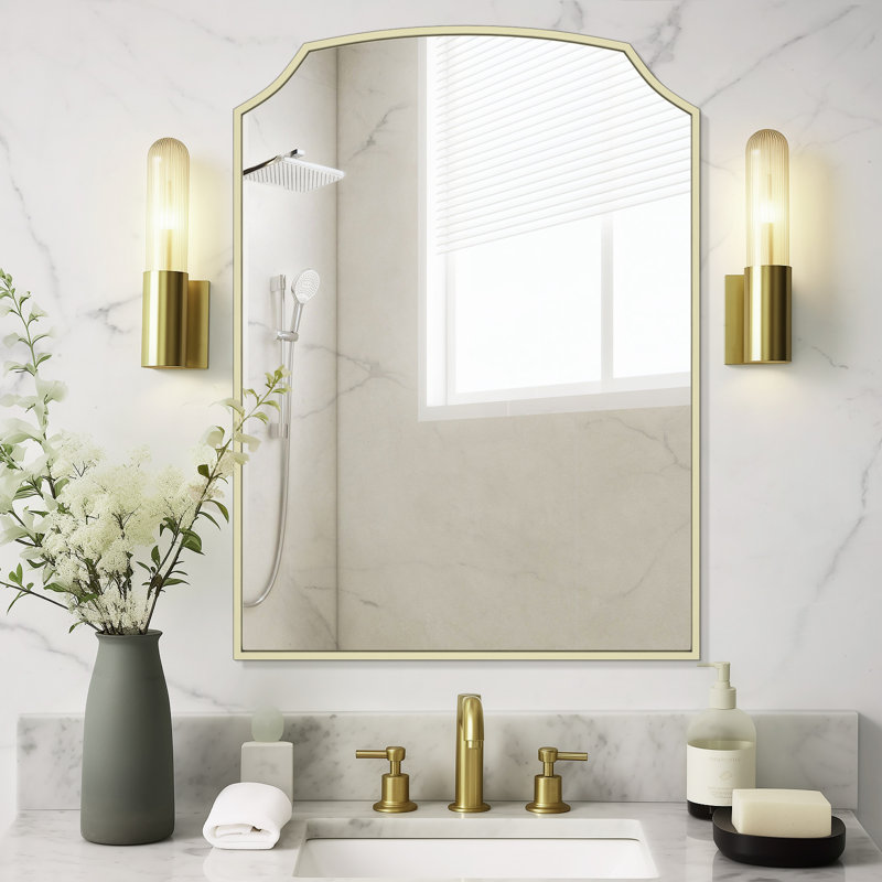 Miroir mural arqué en fer pour salle de bain et chambre à coucher, Doré, 30 po x 22 po
