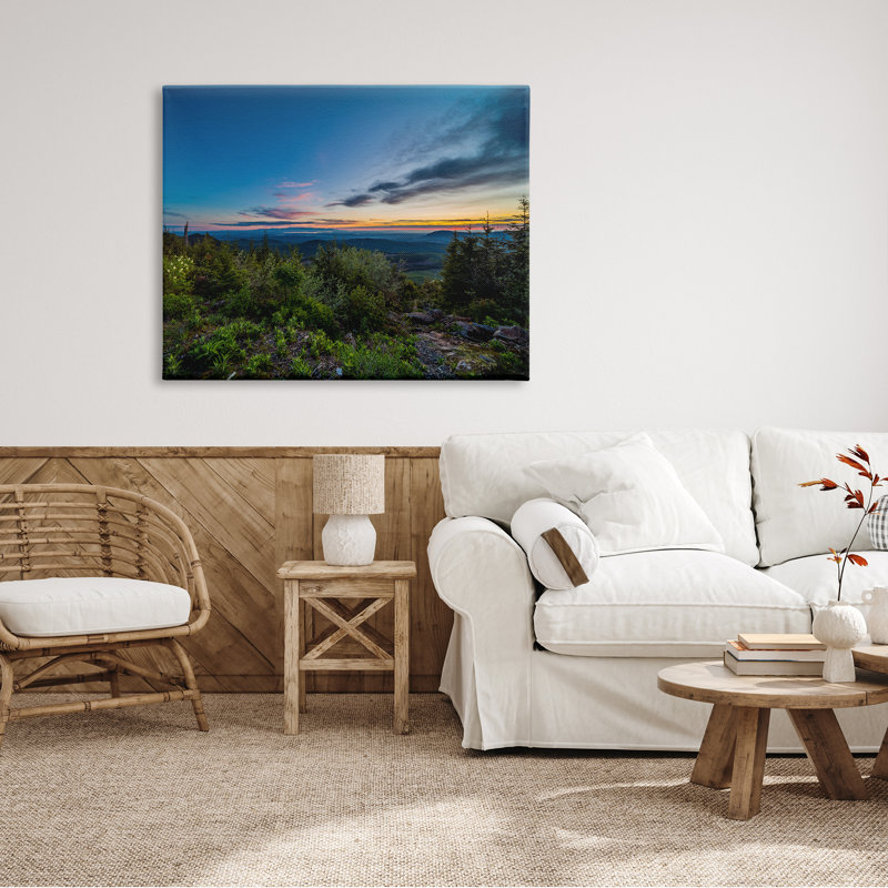 «Dense Brush Sunset Landscape Blue Sky Modern», H 36 po x l 48 po, Plaque de bois