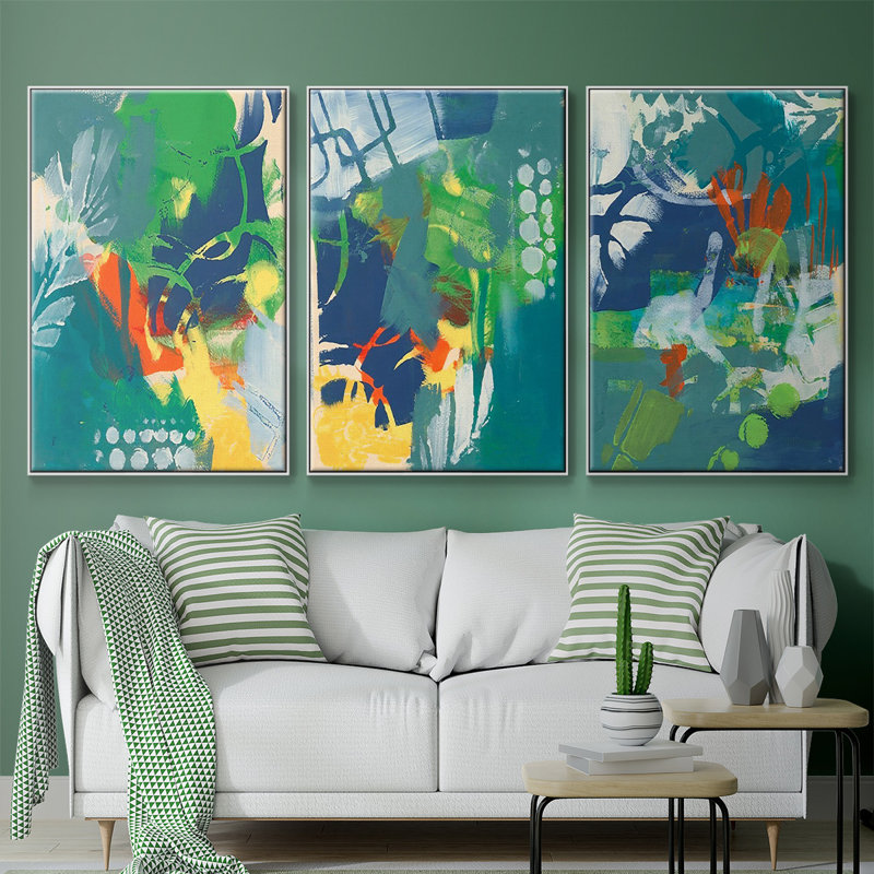 Ensemble de 3 graphiques tropicaux encadrés sur toile I, H 27 po x l 54 po, Blanc