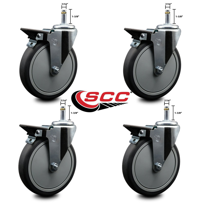Ensemble de roulettes à tige pivotante 6 po en caoutchouc thermo pivotant 7/16 po avec frein