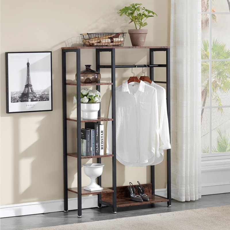 Karyen Free-Standing Heavy Duty Vintage Closet Bedroom with Shelves and Hanging Rod, Brown