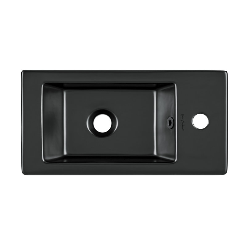 Lavabo mural rectangulaire en céramique avec fixation pour robinet Voltaire, Noir mat, Fixation de robinet à gauche