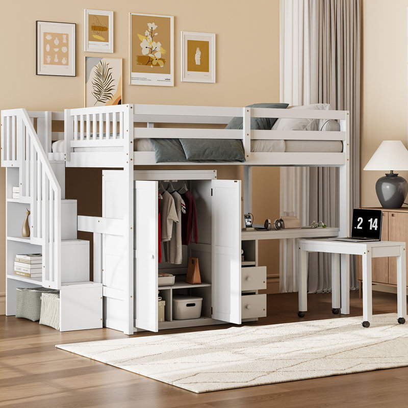 Lit mezzanine blanc avec escalier fonctionnel, bibliothèque, tiroirs, bureau et garde-robe - espace multifonctionnel pour les meubles de chambre à coucher pour et pour adolescents