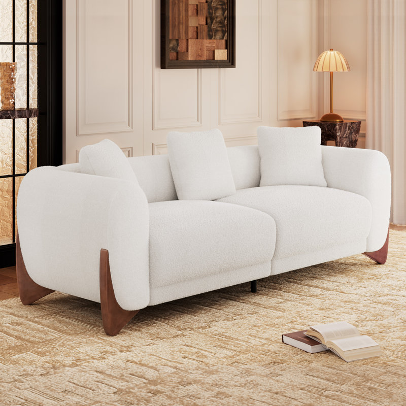 Sherpa Upholstered Sofa with Wood Wedge Legs, White