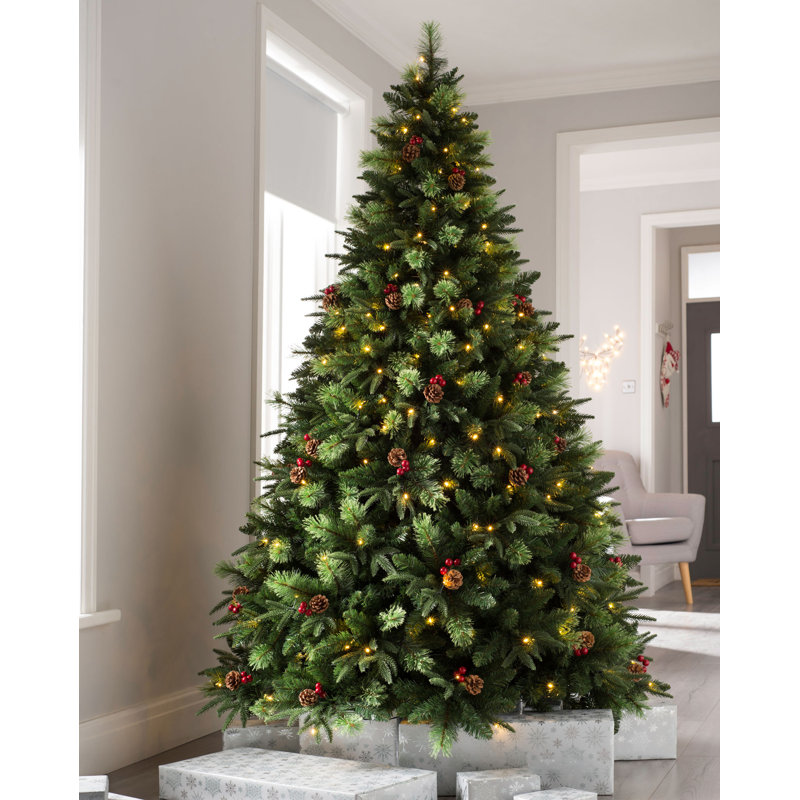 Victorian Green Artificial Christmas Tree with Clear and White Lights, 213cm H