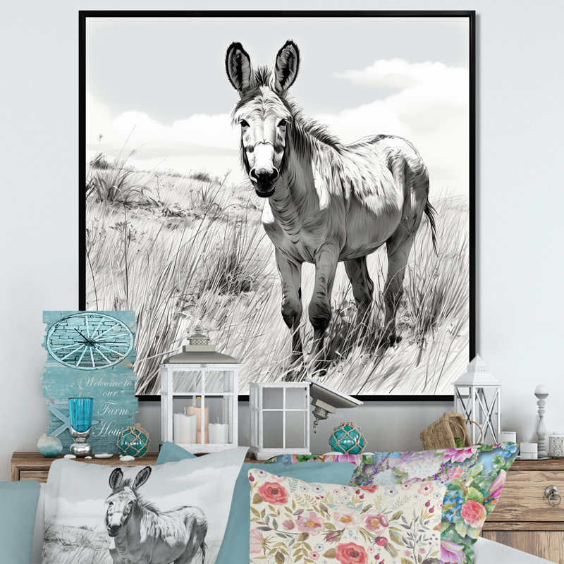 «Black and White Donkey Meadow Journey», art mural âne, Cadre flottant noir, H 30 po x l 30 po x P 1,5 po