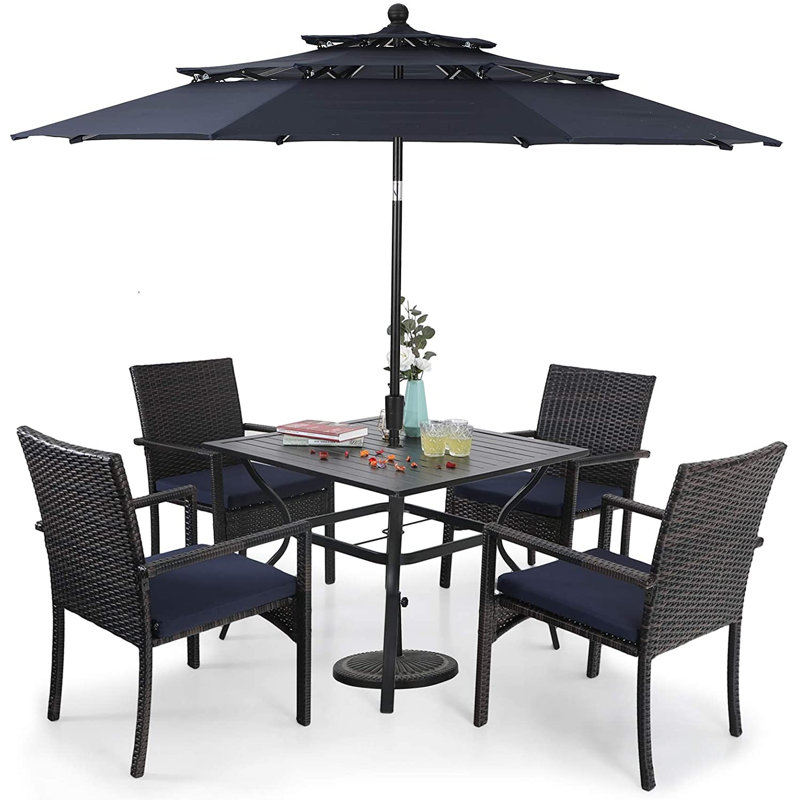 4 - Person Patio Dining Set Umbrella Hole Included Table, with Cushions Included, Navy