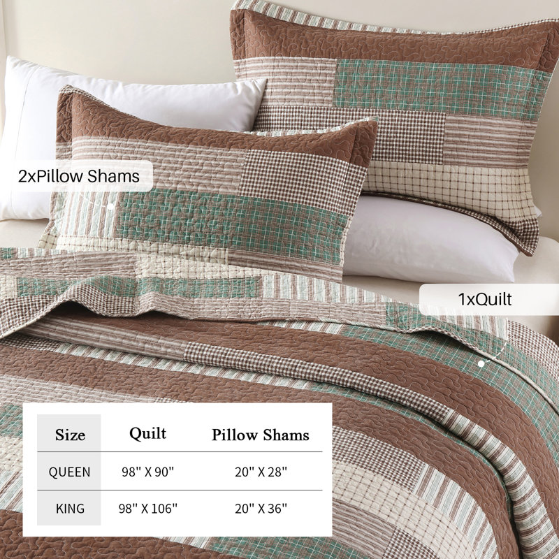 DDUOXIN 100% Cotton 98×106 inch Quilt Sets - 1 Quilt with 2 Pillow Shams, King Quilt + 2 Pillow Shams, Brown/Green/Cream