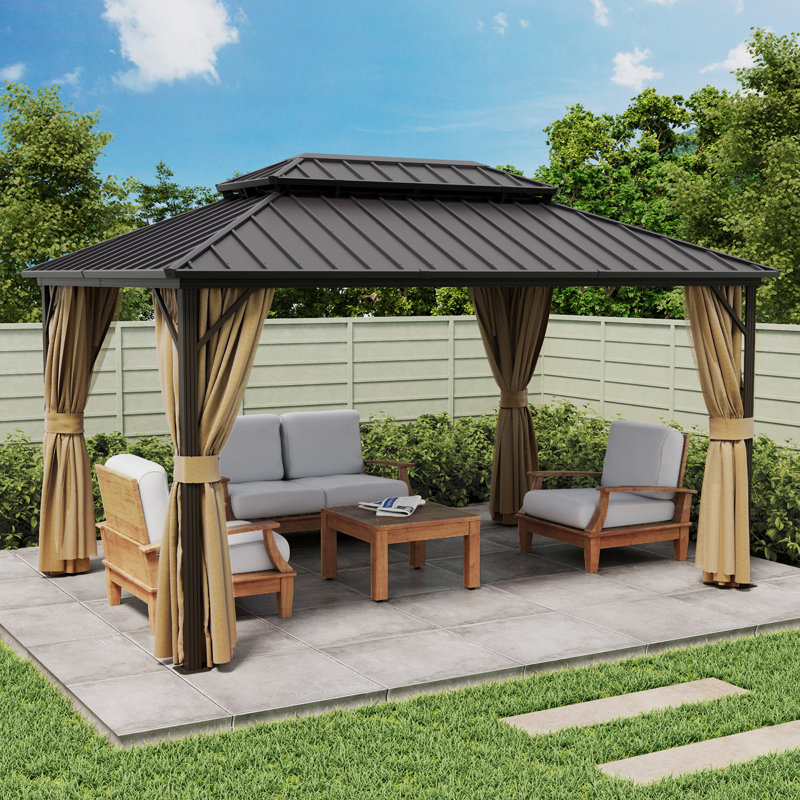  Outdoor Patio Gazebo, Hardtop Gazebo with Galvanized Steel Roof & Aluminum Frame,Heavy Duty Permanent Pavilion with Netting & Curtains for Patio, Lawn, Deck