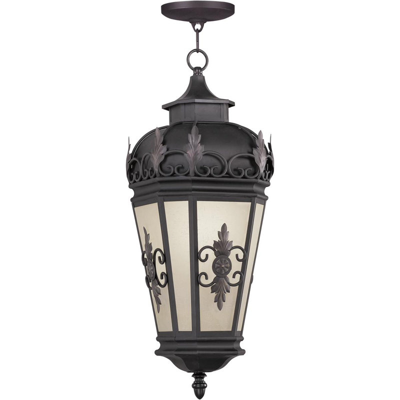 Luminaire suspendu lanterne d'extérieur en bronze clair 3 avec abat-jour en lin miel antique, H 25 po x l 9,5 po x P 9,5 po
