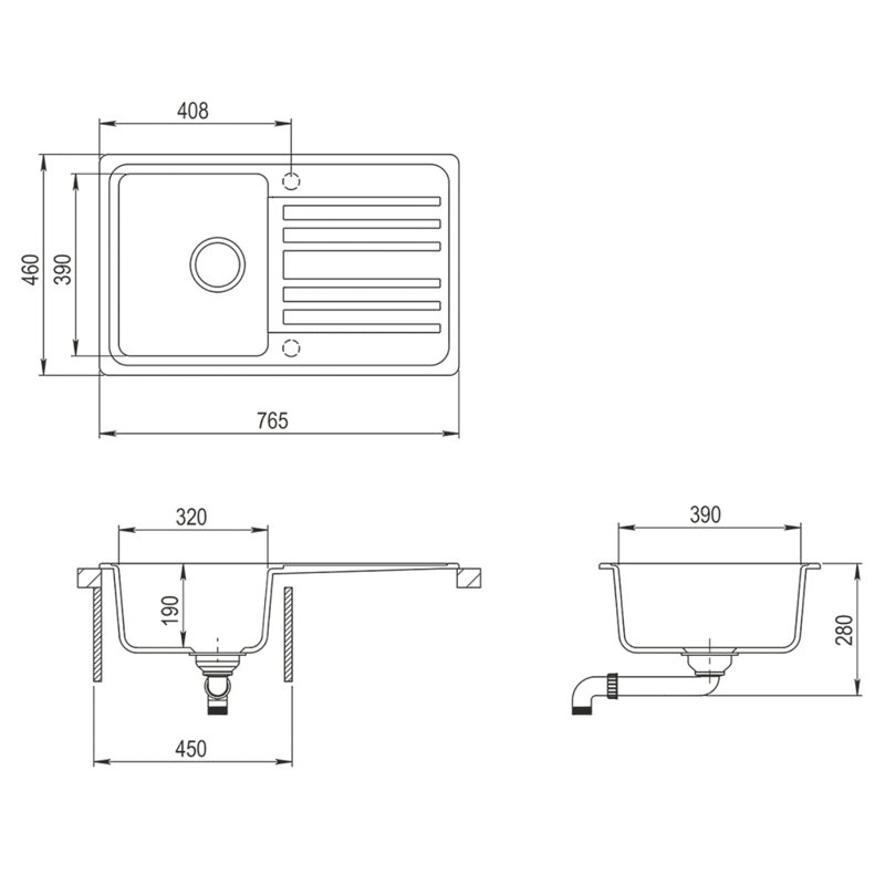 Symple Stuff 460mm W Single Bowl Stone Flush Kitchen Sink, Grey