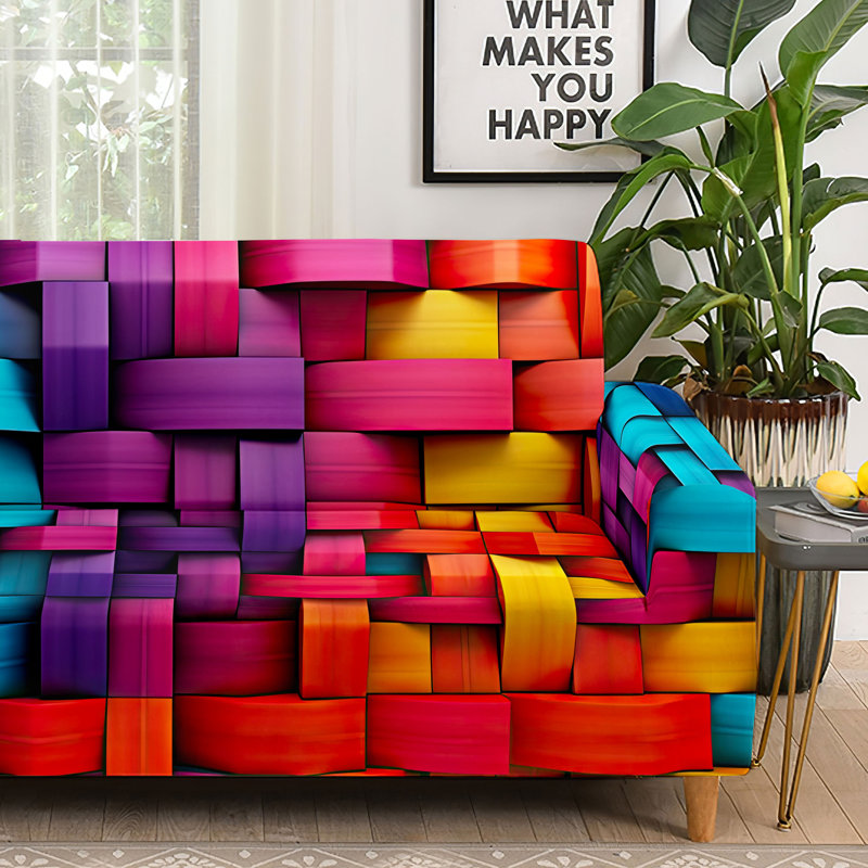 Housse de canapé extensible à blocs de couleurs géométriques modernes, microfibre 90 g/m², largeur 231 cm, lavable à la machine