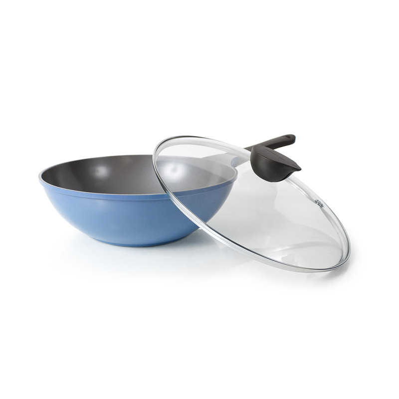 Wok de chef antiadhésif 12 po Neoflam avec couvercle en verre Eela, Bleu foncé