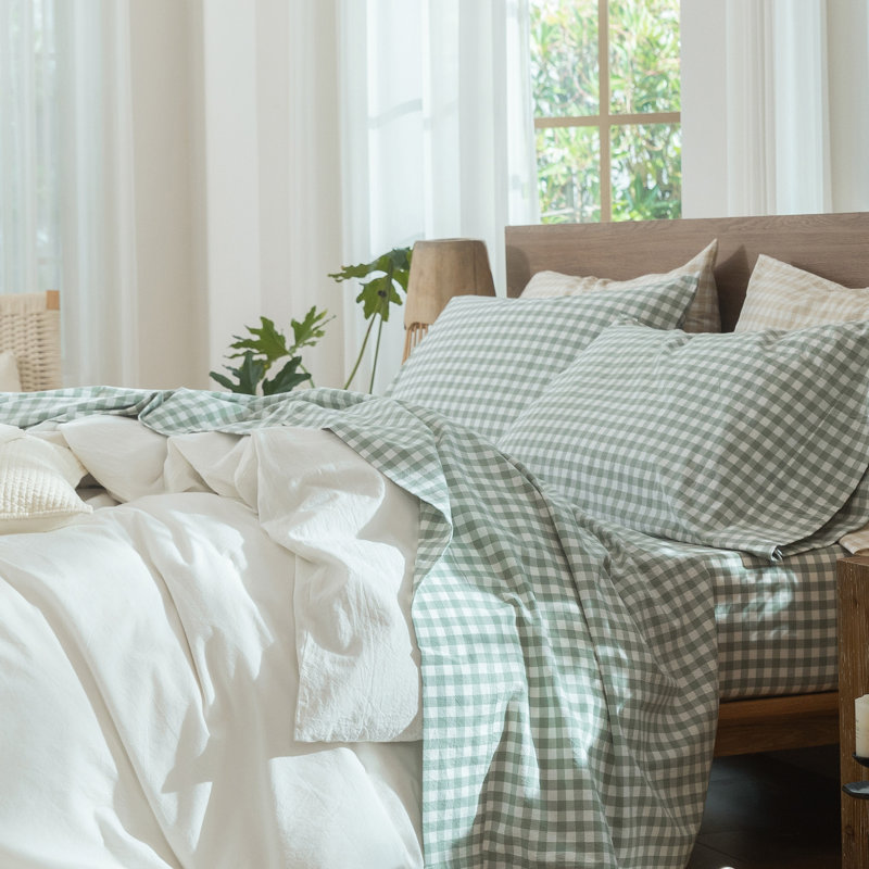 Ensemble de draps 100% coton lavé MooMee, Vert sauge, Ensemble de draps pour grand lit avec 2 taies d'or