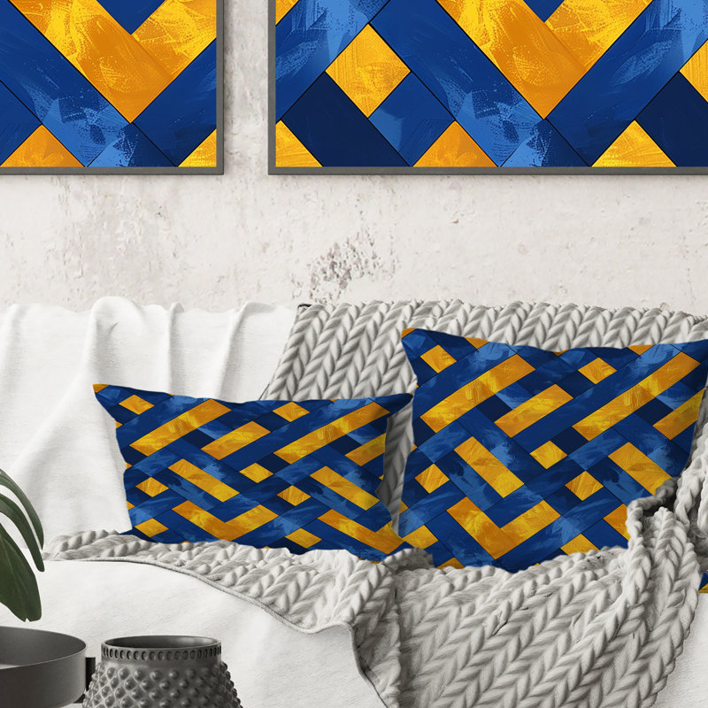 Coussin lombaire bleu et jaune à motif de paniers I