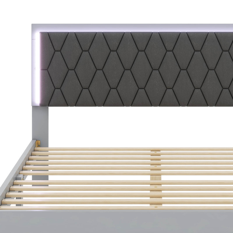 Ensemble de chambre à coucher 4 pièces Diamantia avec grand lit tapissier et lumières DEL, Gris