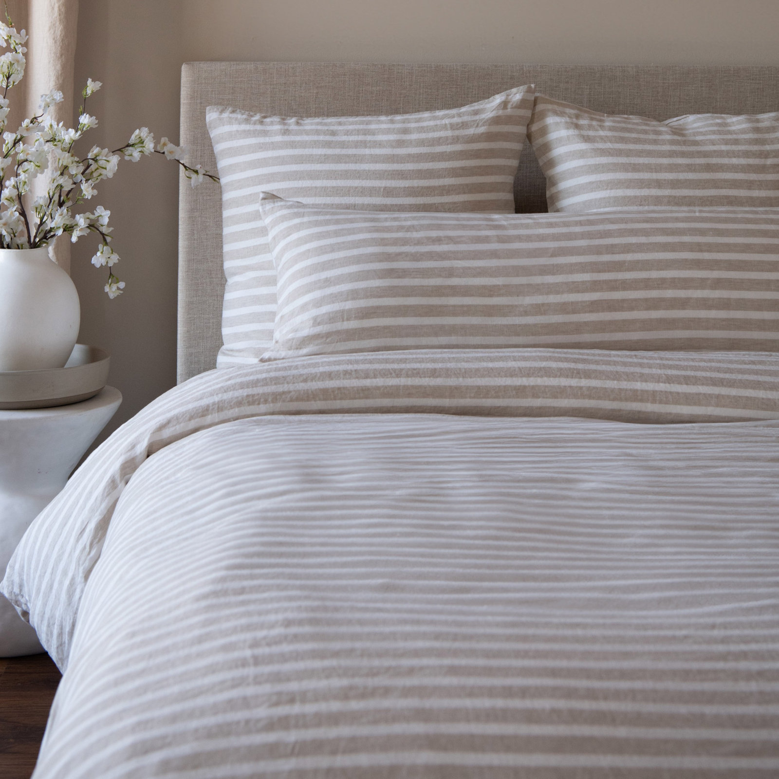 100% French Linen Pillow Sham, Rectangle 16"H x 44"W, Putty & Cream Stripe, Down Alternative